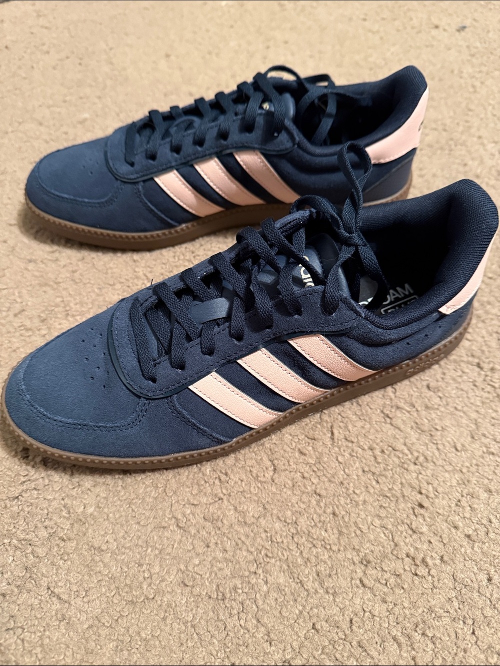 adidas Navy Suede Sneakers with Pale Pink Stripes never worn….too big